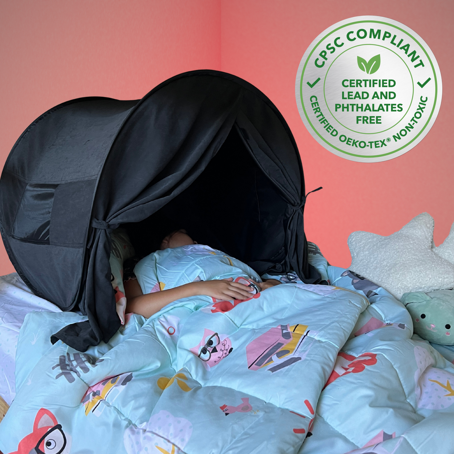 zDen is CPSC Compliant, Lead and Phthalates free. Young person napping inside a zDen. Perfect for naptime or powernaps.