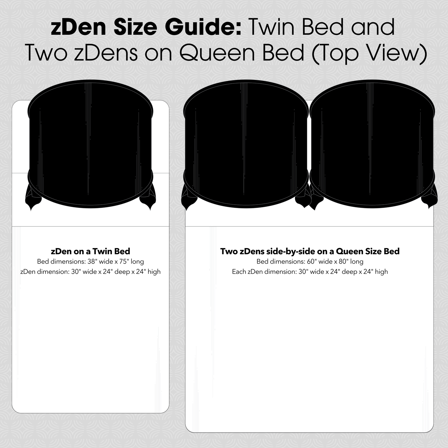 zDen size guide showing dimensions on a Twin and Queen bed layout