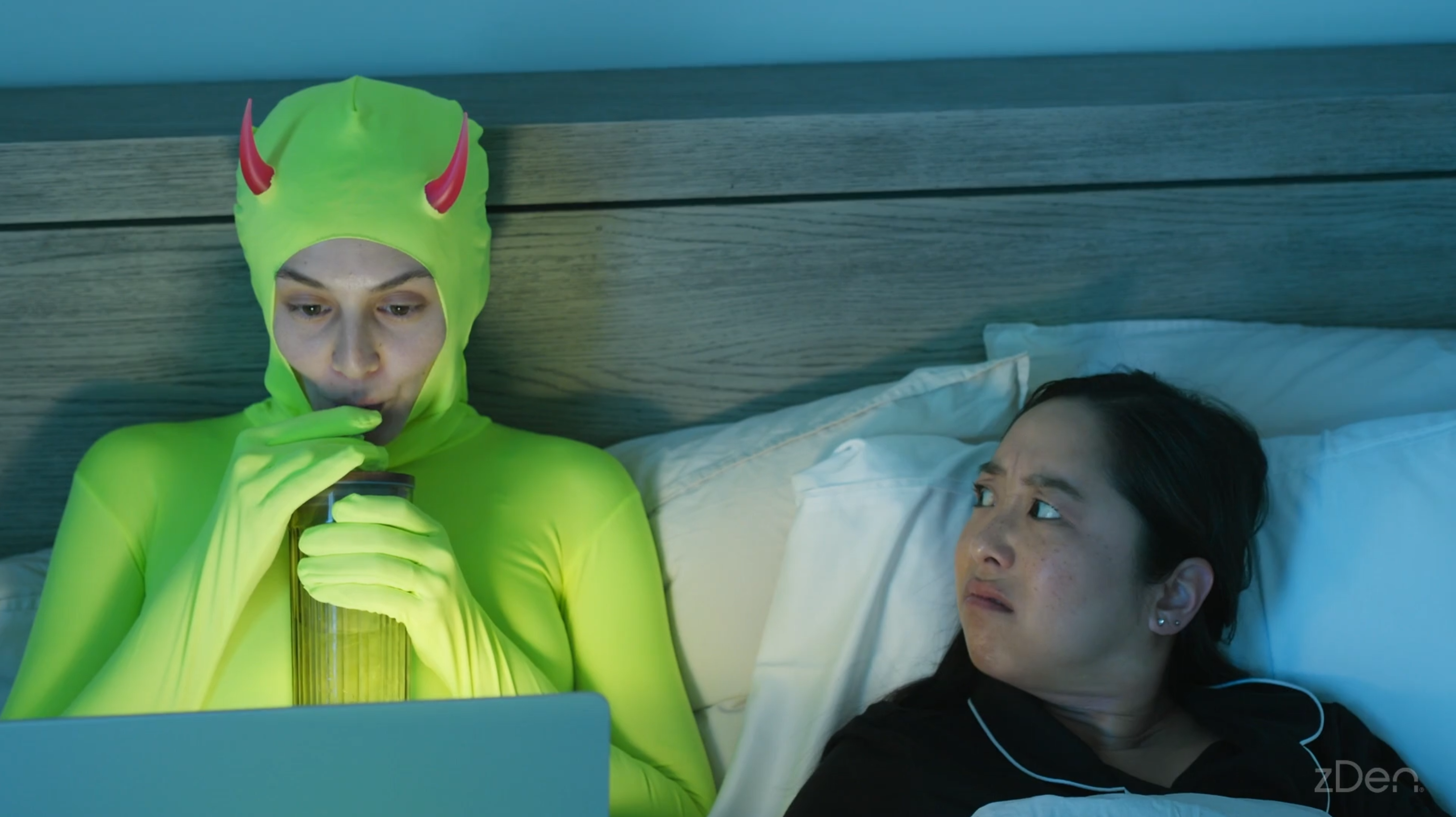 Load video: Humorous zDen ad showing light gremlins ruining sleep until the zDen blackout bed tent restores calm and darkness