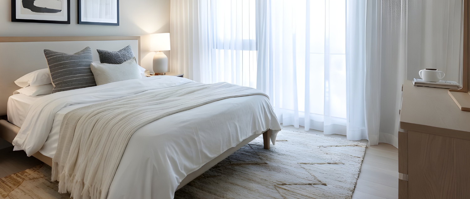 Daytime light leaking through blinds in a bedroom