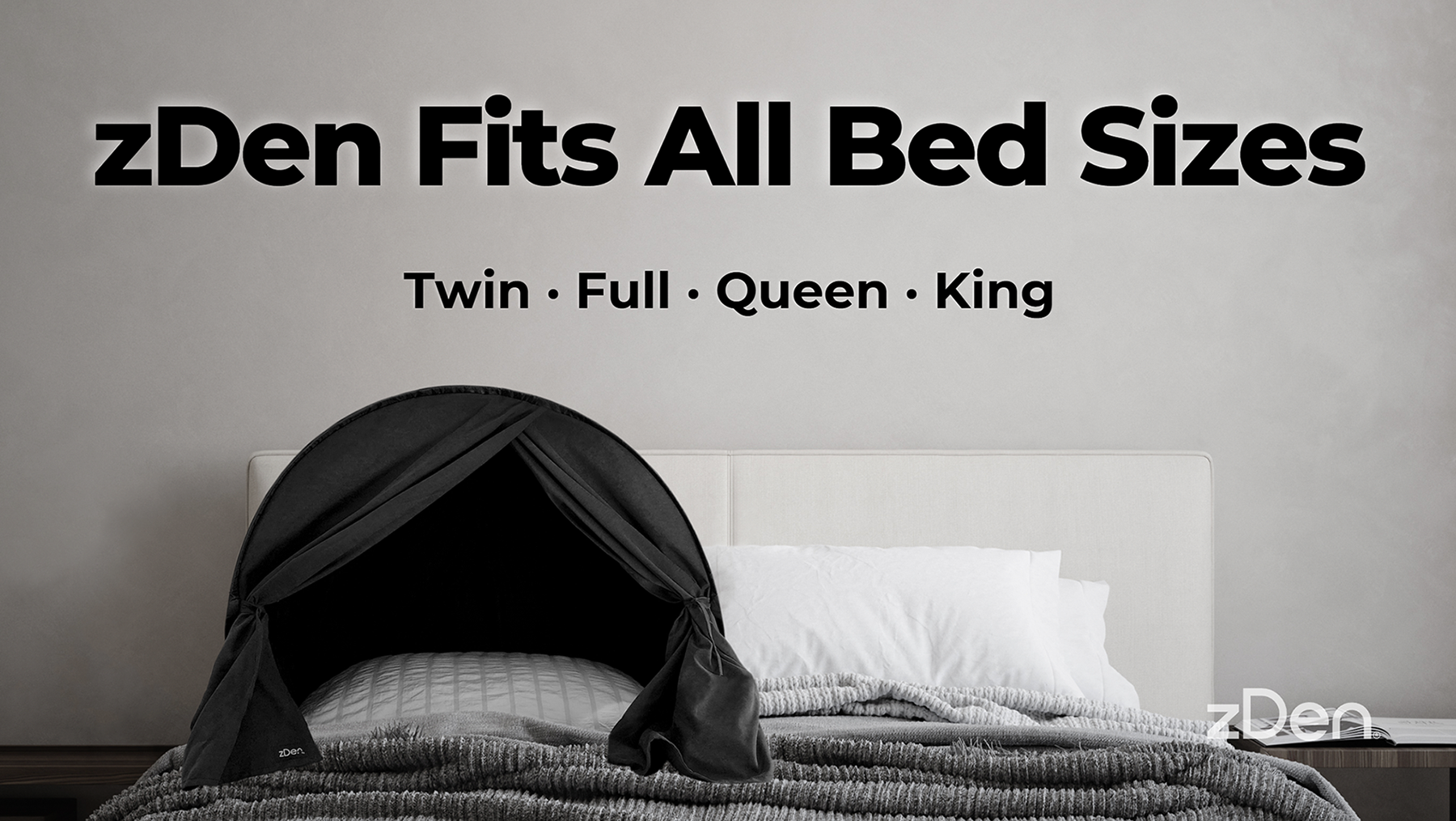 Load video: Video showing what zDen looks like on different bed sizes, including Twin, Full, Queen, and King beds, to help viewers see how the upper-body light-blocking sleep den fits on each mattress.