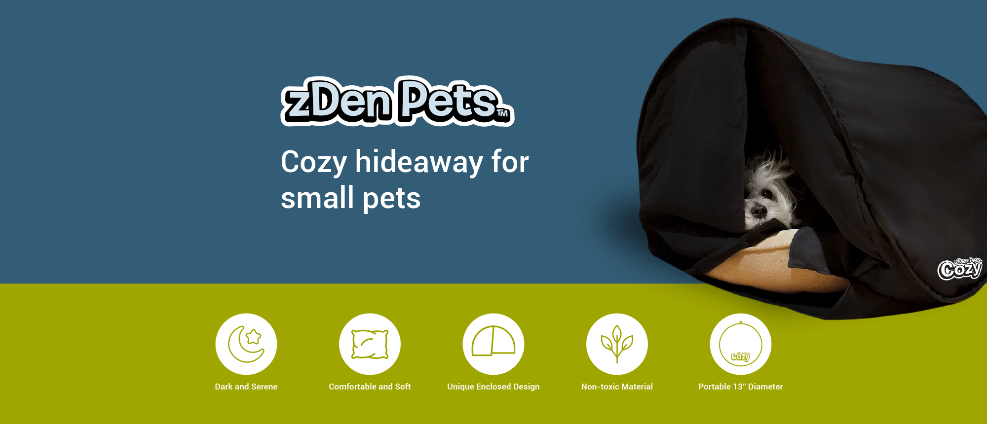 a photo of a dog in a zDen Pets Cozy Hideaway. A dark calming tent for dogs and cats. Dog in cozy hideaway bed 