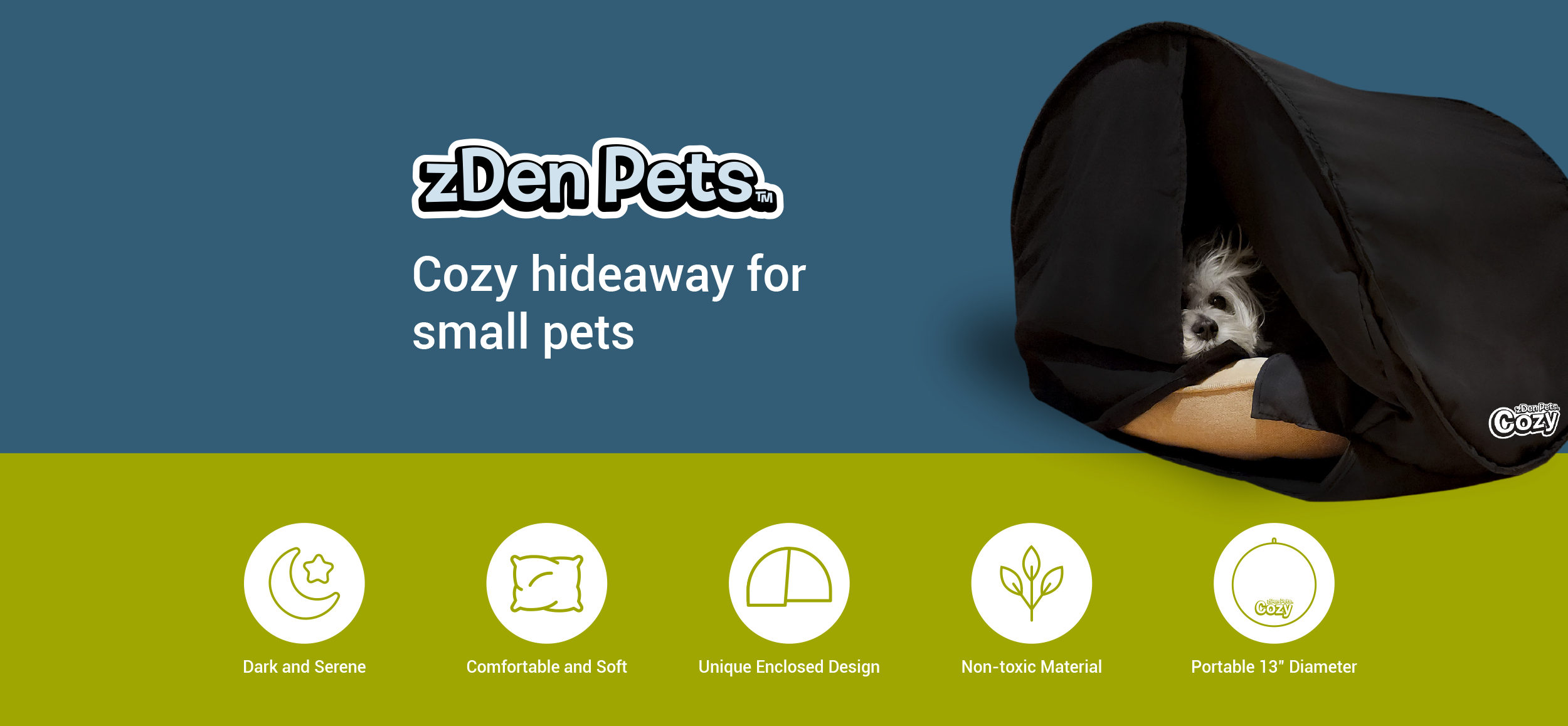a photo of a dog in a zDen Pets Cozy Hideaway. A dark calming tent for dogs and cats. Dog in cozy hideaway bed 