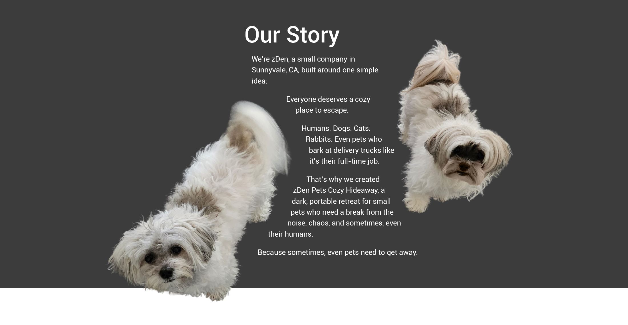 Our StoryWe’re zDen, a small company in Sunnyvale, CA, built around one simple idea:
Everyone deserves a cozy place to escape.
Humans. Dogs. Cats. Rabbits. Even pets who bark at delivery trucks like it’s their full-time job.
That’s why we created zDen Pets Cozy Hideaway, a dark, portable retreat for small pets who need a break from the noise, chaos, and sometimes, even their humans.
Because sometimes, even pets need to get away.