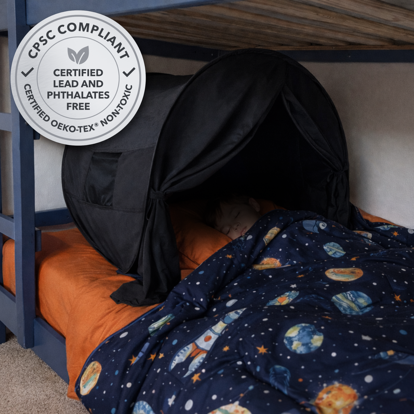 zDen is CPSC Compliant, Lead and Phthalates free. Young person napping inside a zDen. Perfect for naptime or sleep when the sun is out