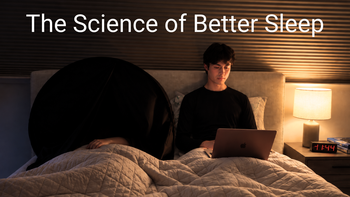 A man sits in bed using a laptop next to a person inside a zDen Personal Blackout Sleep Sanctuary. The text 'The Science of Better Sleep' appears across the top, and a lamp glows on the right.