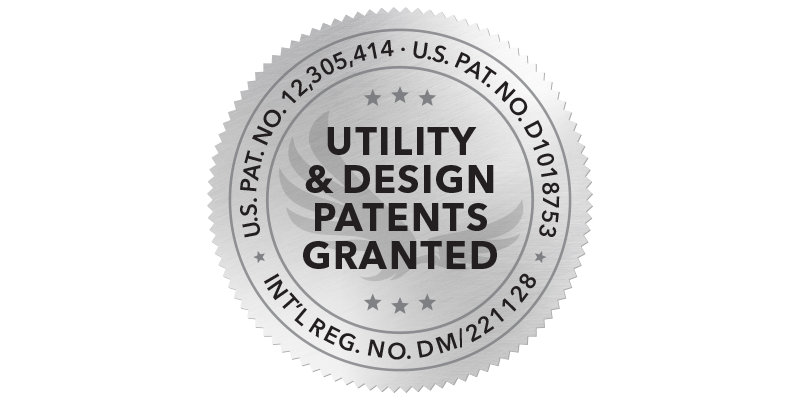 Patent seal with U.S. Utility and Design patent numbers for zDen sleep tent. Blackout canopy for frequent travelers needing better sleep in hotels, flights, or unfamiliar sleep environments