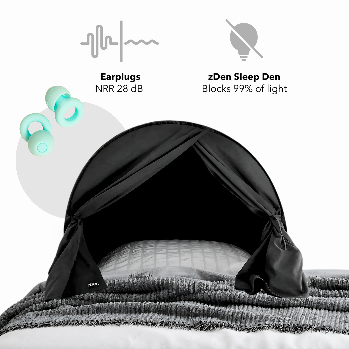 zDen Sleep Den with earplugs and light block features on a white background