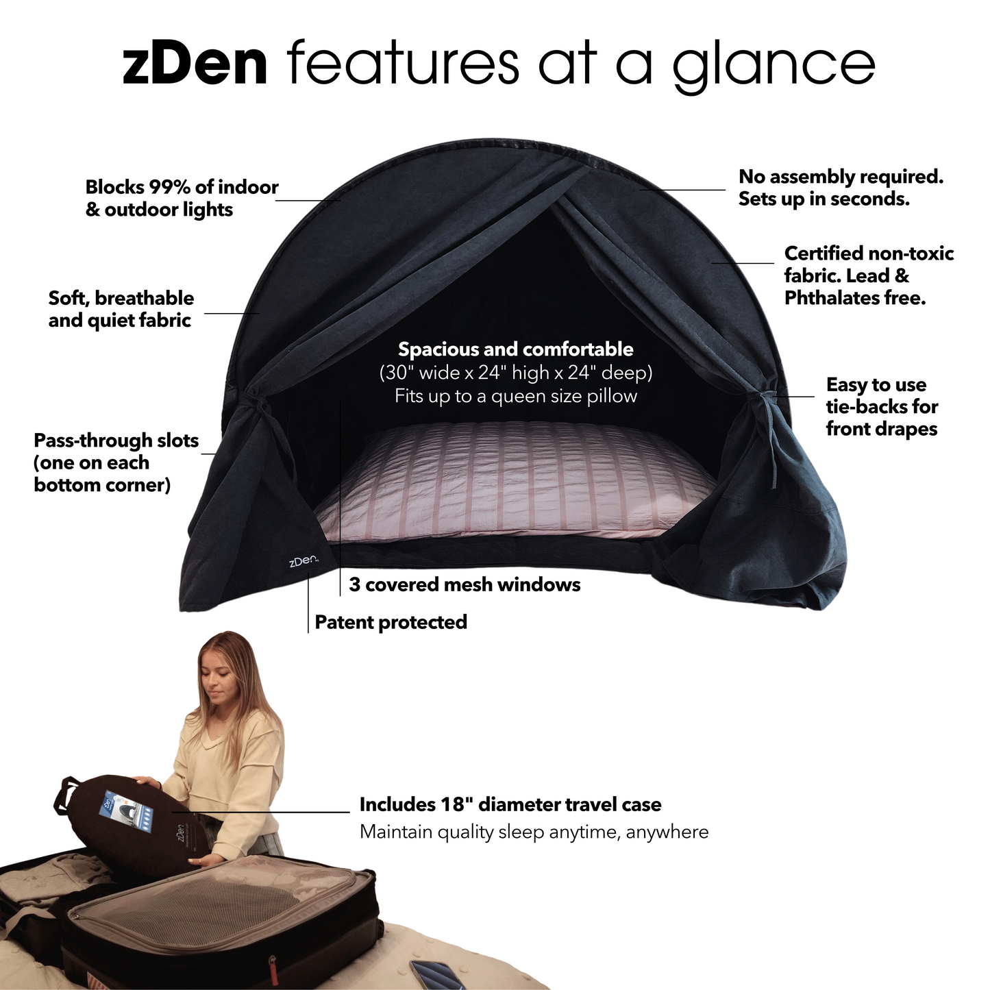 zDen features blocks 99% of light, soft, non-toxic CPSC compliant fabric, no assembly, design and utility patented, portable.