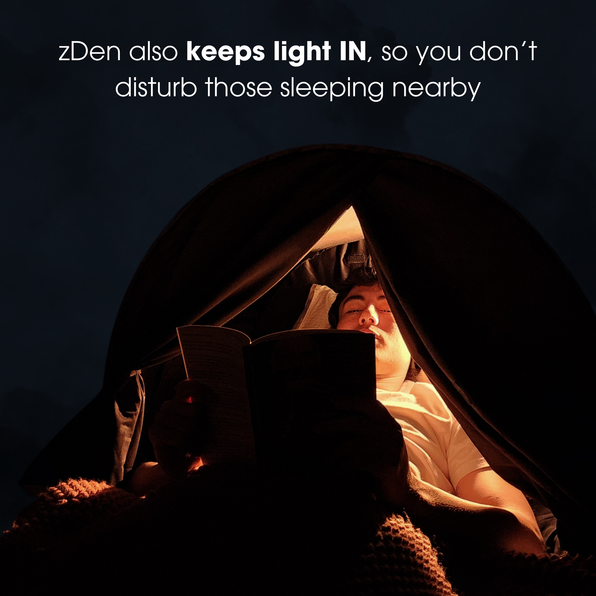 zDen lifestyle image highlighting sleep on demand anywhere anytime and keeps light in bed tent