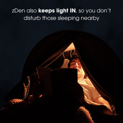zDen lifestyle image highlighting sleep on demand anywhere anytime and keeps light in bed tent